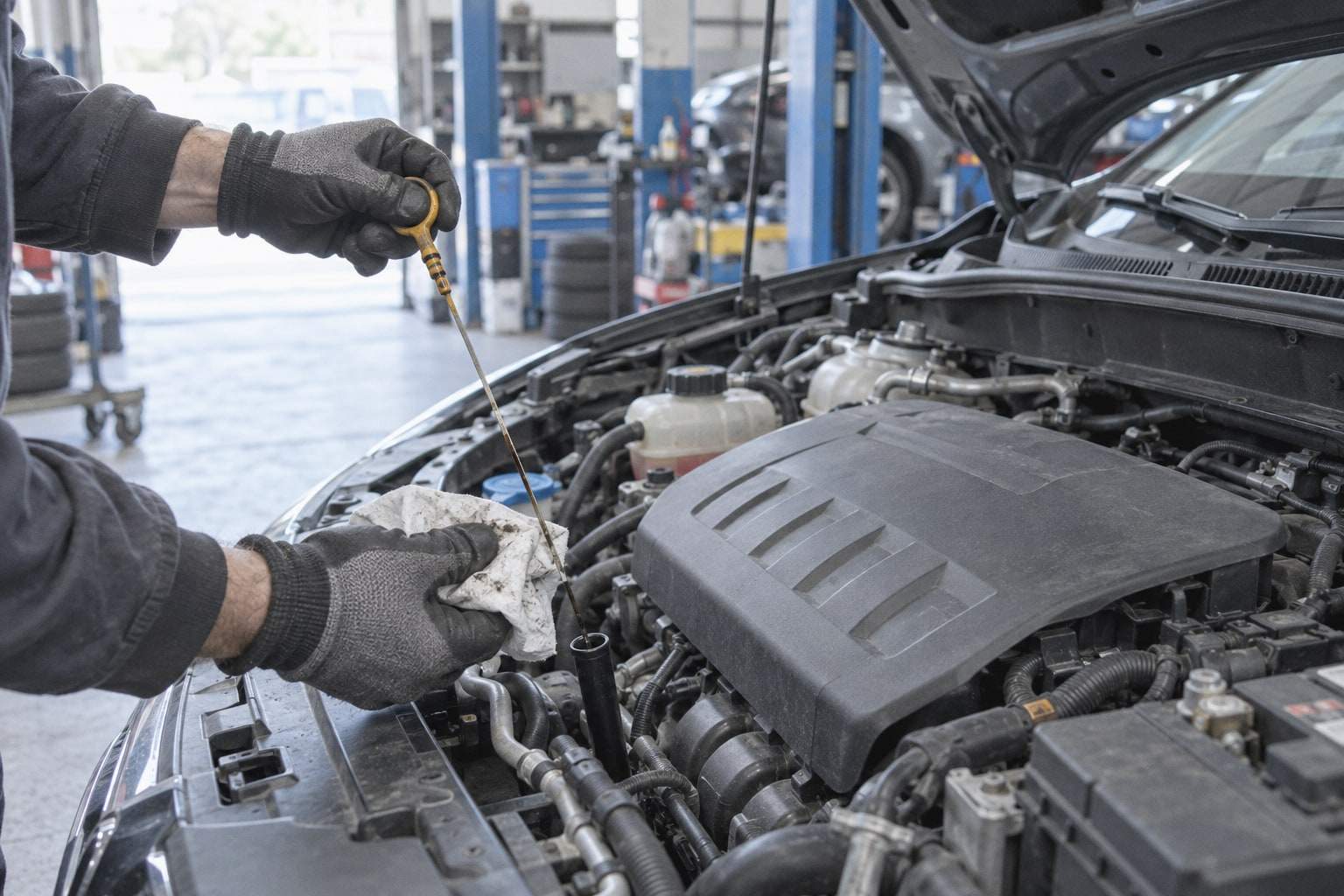 Hände in Arbeitshandschuhen ziehen den Ölmessstab aus einem Motor und halten ein Tuch