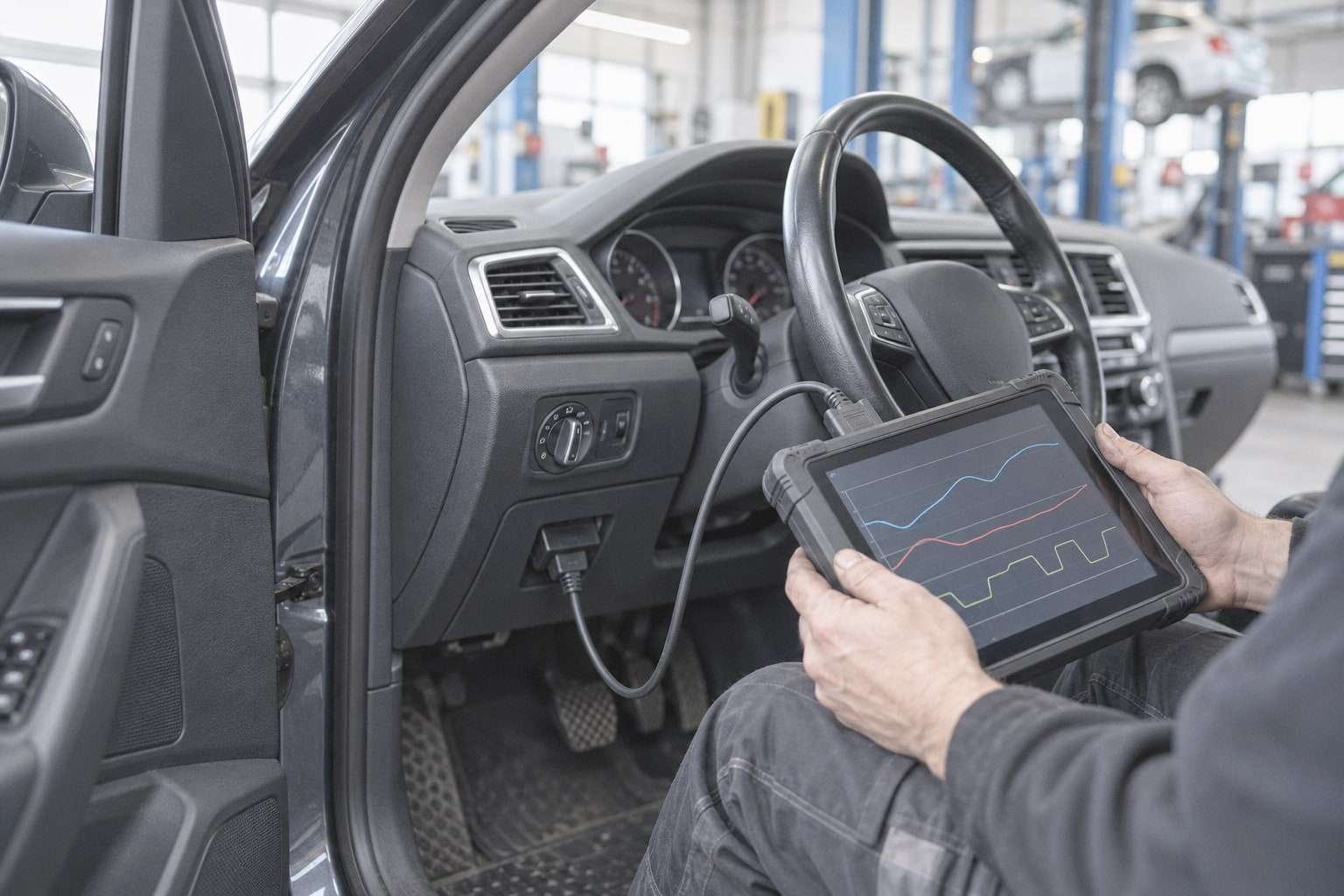Ein Diagnosegerät ist im Fußraum eines Fahrzeugs angeschlossen, Hände halten das Tablet mit Messkurven