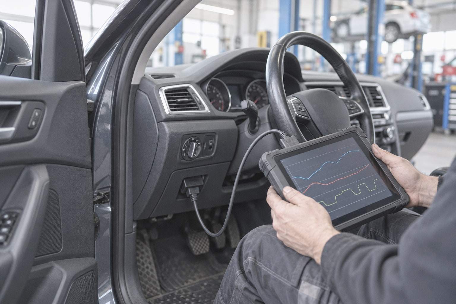 Ein Diagnosegerät ist im Fußraum eines Fahrzeugs angeschlossen, Hände halten das Tablet mit Messkurven