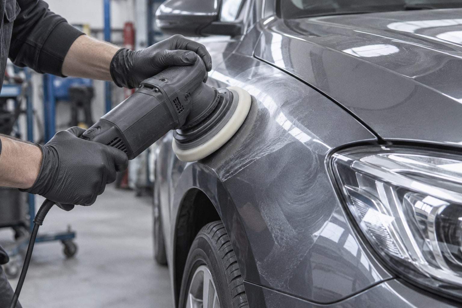 Hände in Handschuhen polieren mit einer Poliermaschine den Kotflügel eines grauen Fahrzeugs