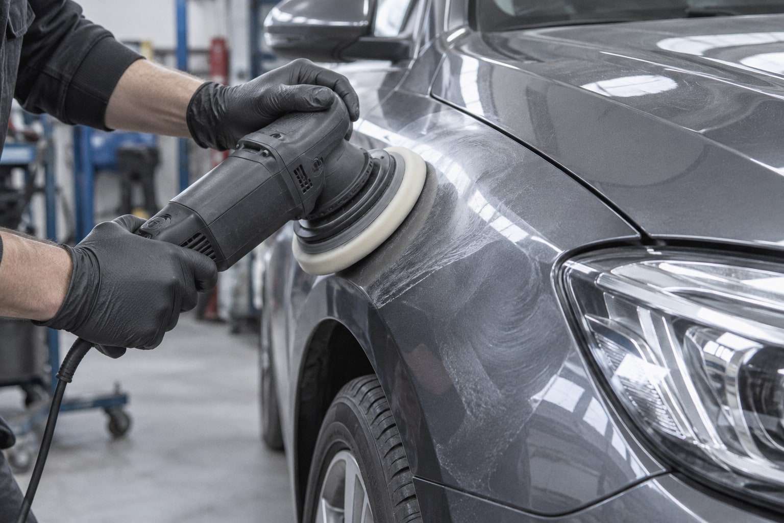 Hände in Handschuhen polieren mit einer Poliermaschine den Kotflügel eines grauen Fahrzeugs