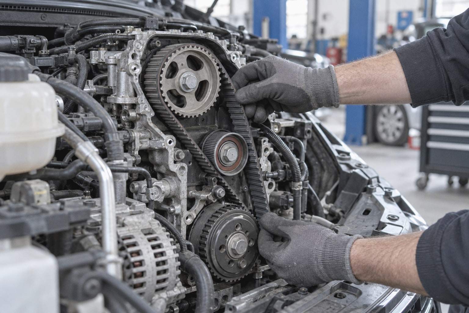 Hände in Handschuhen prüfen den Zahnriemen und die Zahnräder an einem offenen Motor
