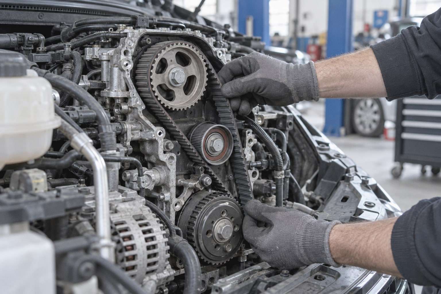 Hände in Handschuhen prüfen den Zahnriemen und die Zahnräder an einem offenen Motor