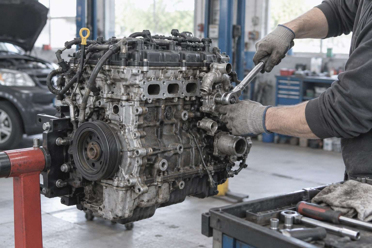 Ein Mechaniker arbeitet mit einer Ratsche an einem ausgebauten Motor auf einem Montageständer