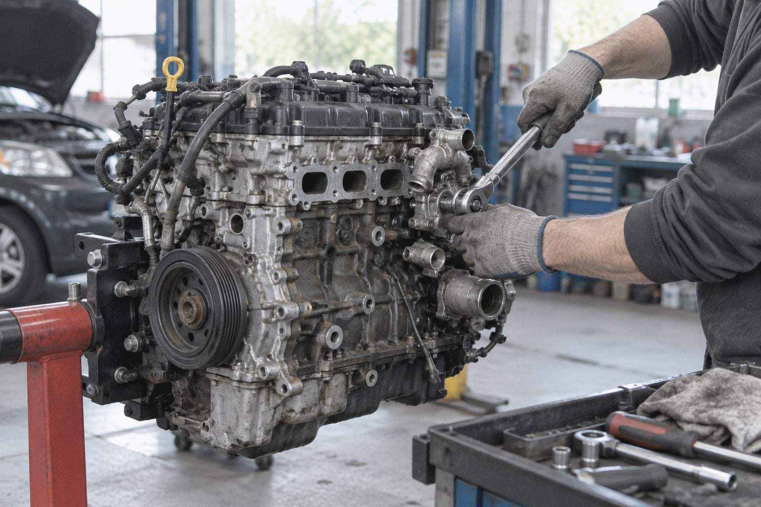 Ein Mechaniker arbeitet mit einer Ratsche an einem ausgebauten Motor auf einem Montageständer