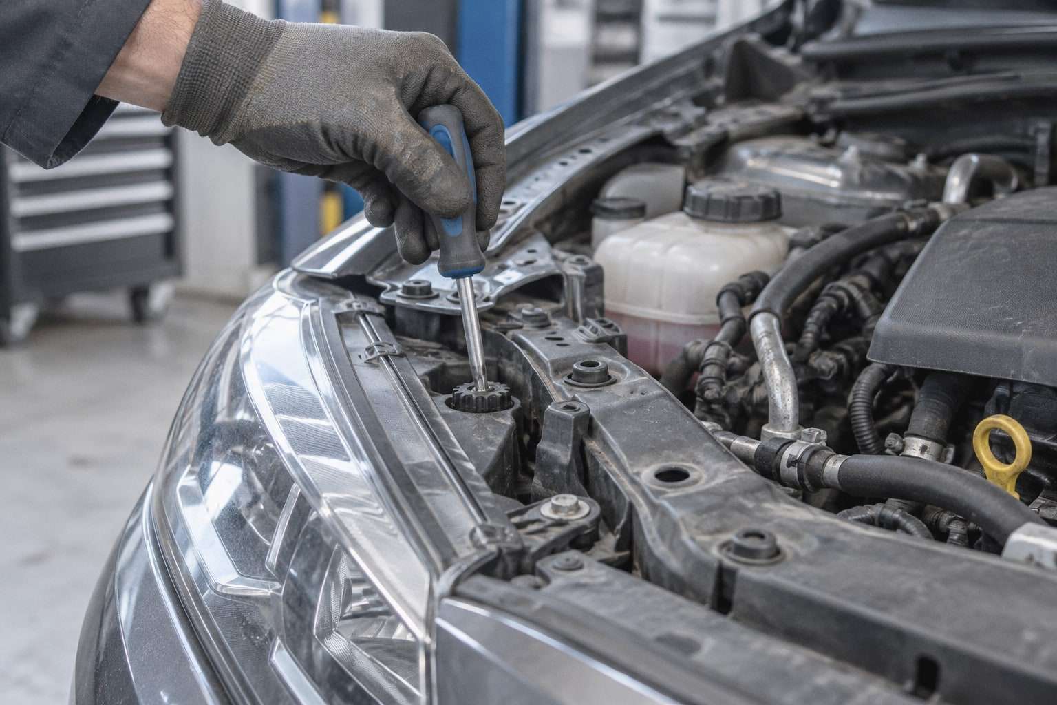 Eine Hand im Arbeitshandschuh dreht mit einem Schraubendreher an der Einstellschraube eines Scheinwerfers bei geöffneter Motorhaube