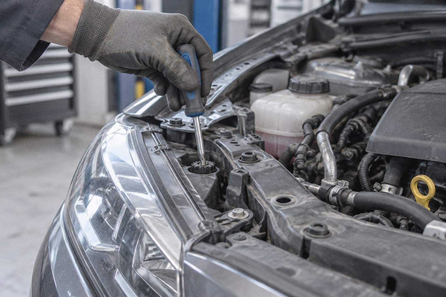 Eine Hand im Arbeitshandschuh dreht mit einem Schraubendreher an der Einstellschraube eines Scheinwerfers bei geöffneter Motorhaube