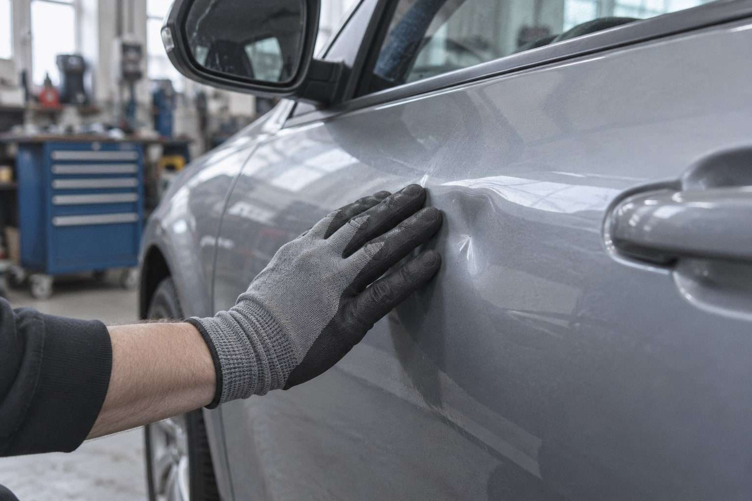 Eine Hand im Handschuh zeigt auf eine kleine Delle in der Fahrertür eines grauen Fahrzeugs