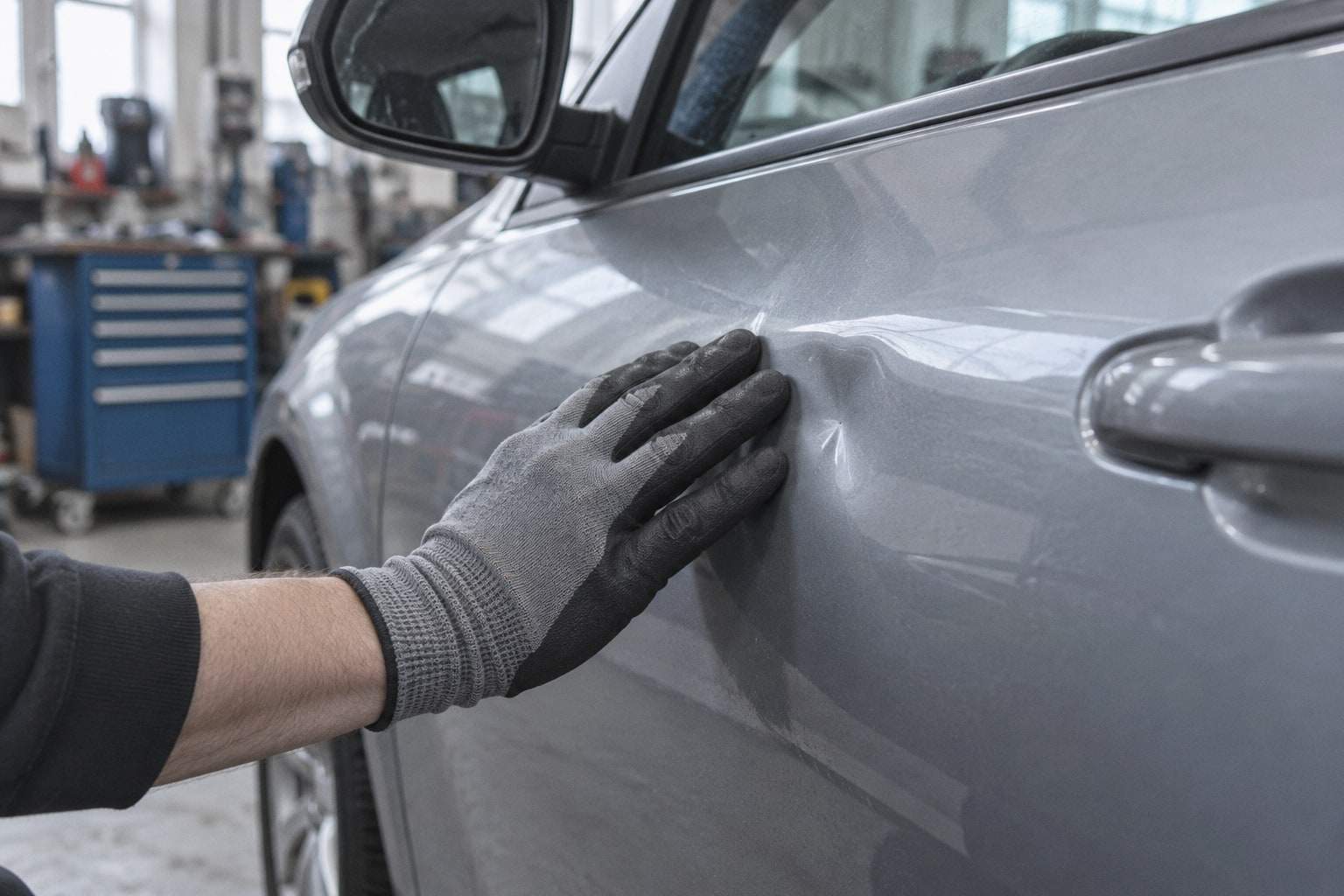Eine Hand im Handschuh zeigt auf eine kleine Delle in der Fahrertür eines grauen Fahrzeugs