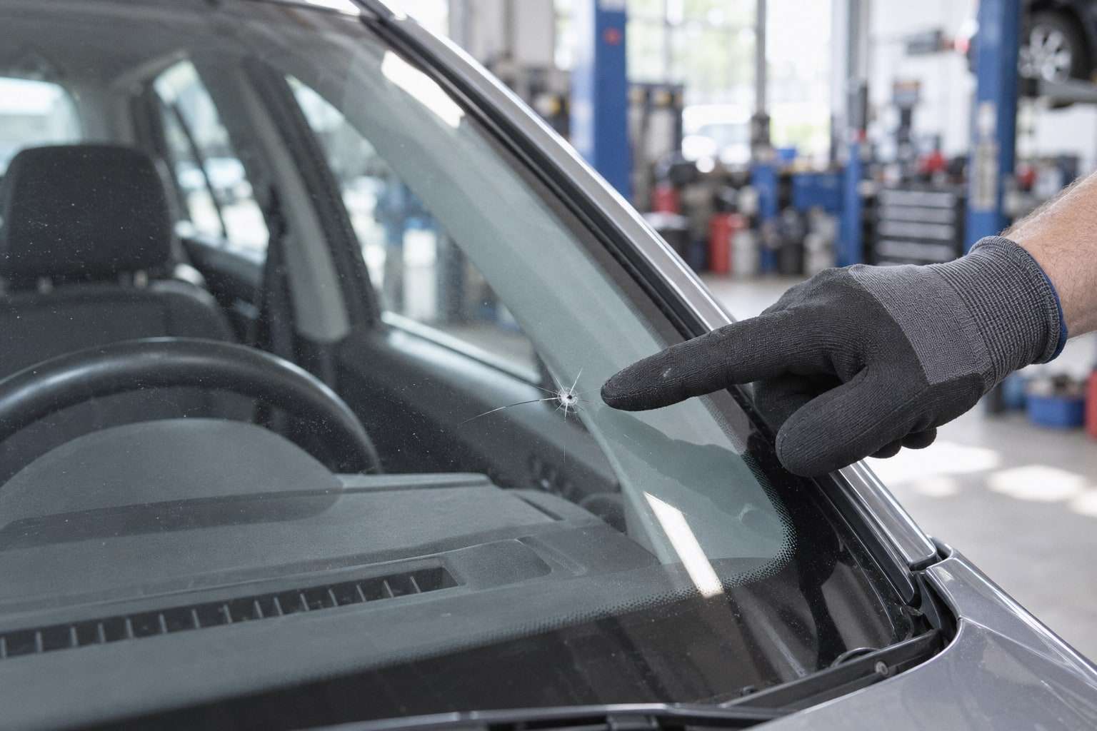 Eine Hand im Handschuh zeigt auf einen Steinschlag in der Windschutzscheibe eines Fahrzeugs