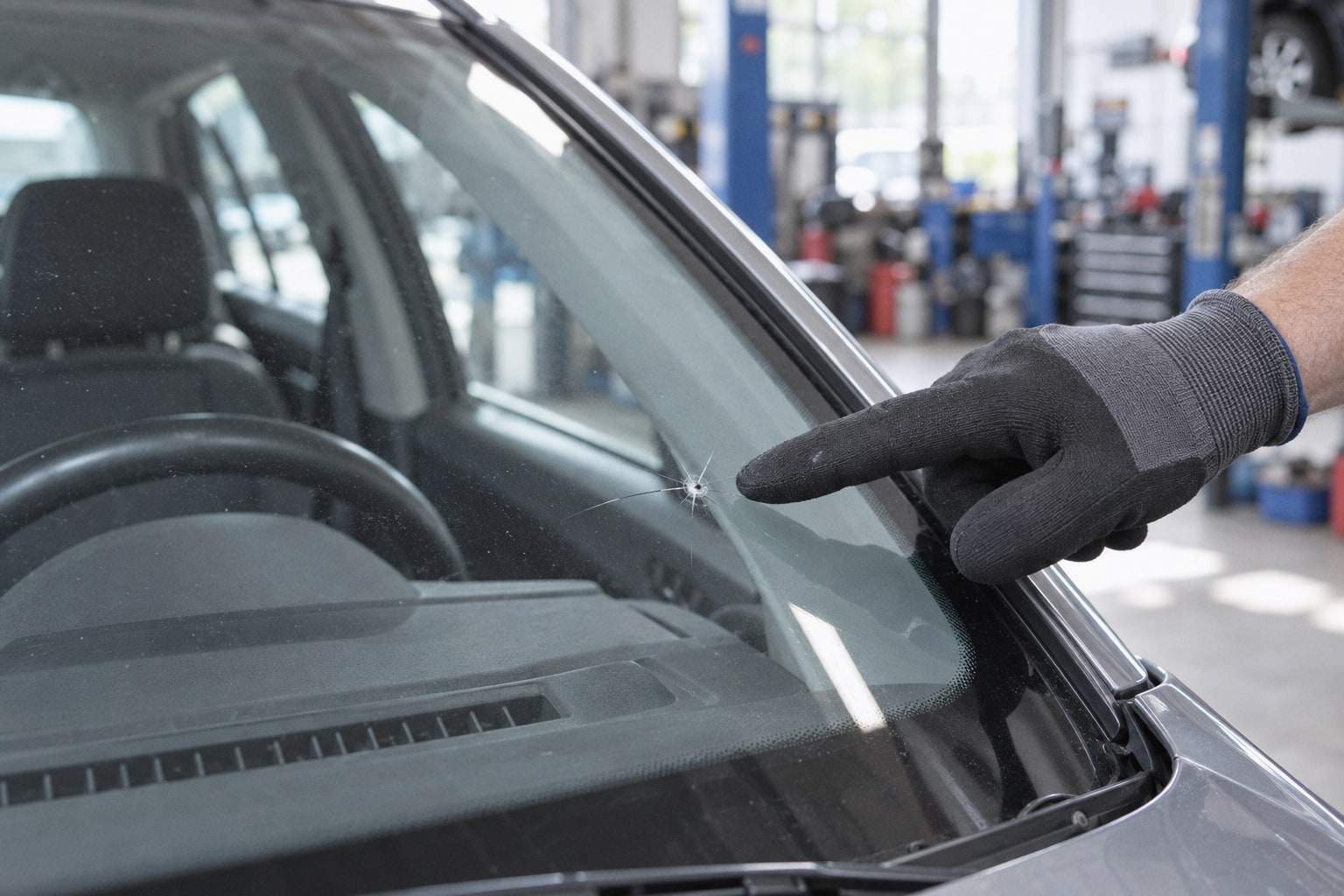 Eine Hand im Handschuh zeigt auf einen Steinschlag in der Windschutzscheibe eines Fahrzeugs